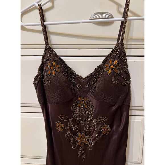 Cache Y2K Vintage 100% Silk Brown Lace Beaded Victorian Flapper Style Dress 4 - Picture 4 of 10